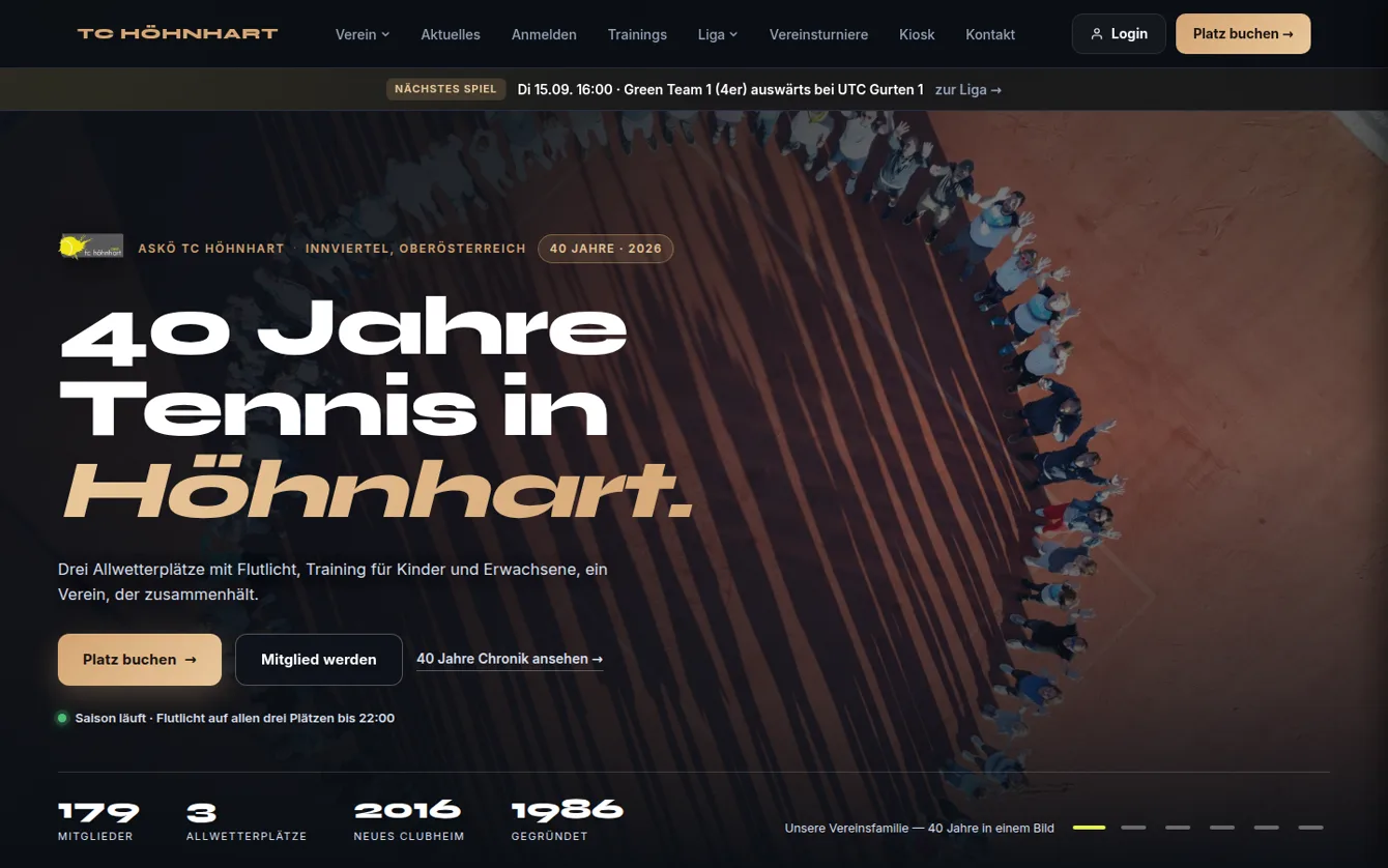 Startseite des Vereins mit Jubilaeumsschriftzug, Luftbild der Anlage und Kennzahlen zu Mitgliedern und Plaetzen