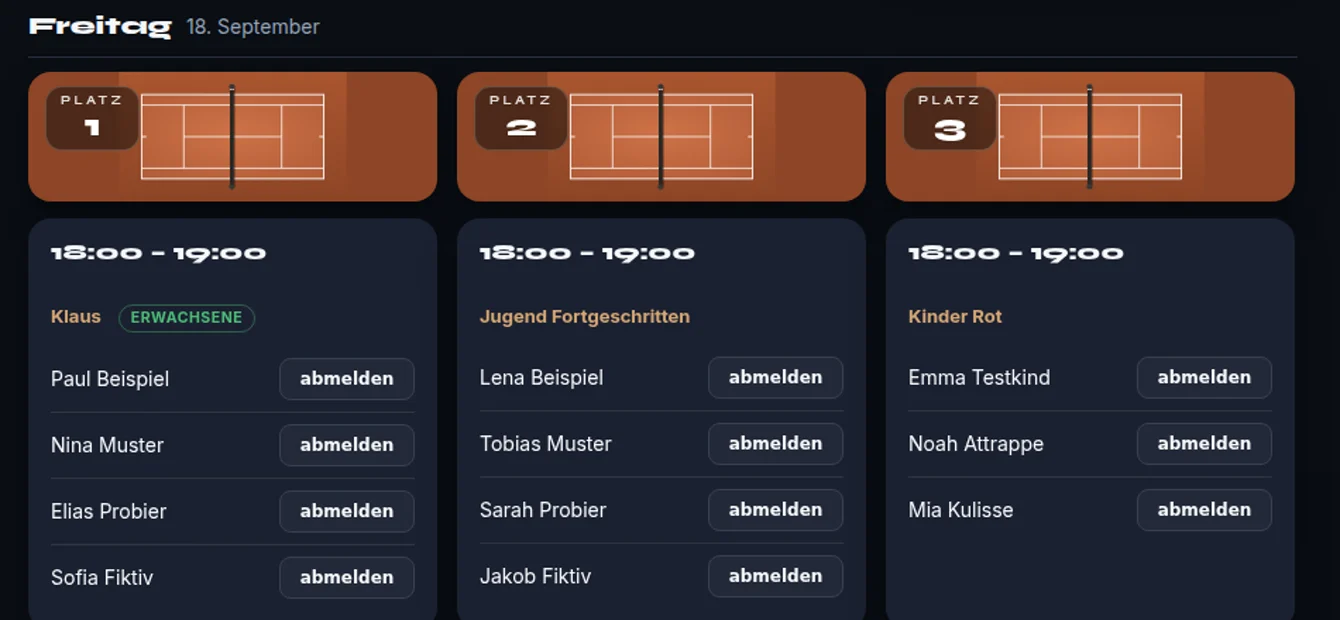 Trainingsuebersicht mit Wochenplan, Gruppen und Zeiten fuer Eltern und Trainer